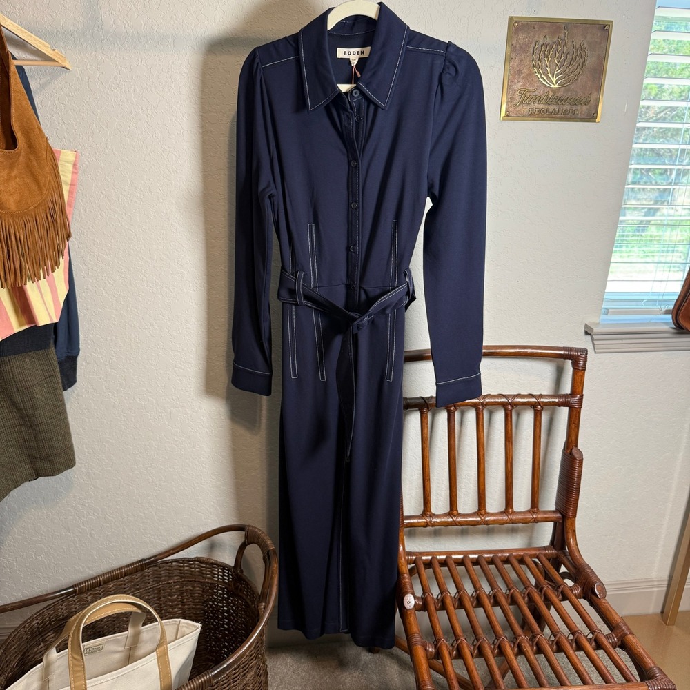 Boden Navy‎ Blue Contrast Stitch Belted Midi Shirt Dress Womens 12R UK 16R